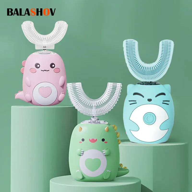 Three colorful cartoon-character electric toothbrushes in pink, green, and blue with U-shaped silicone brush heads.