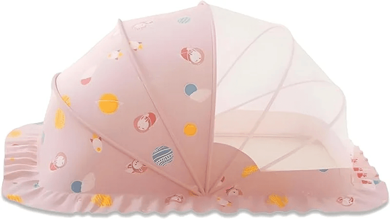 A pink half-dome mosquito net tent for baby cots featuring printed cartoon planets, bunnies, and white breathable mesh netting.