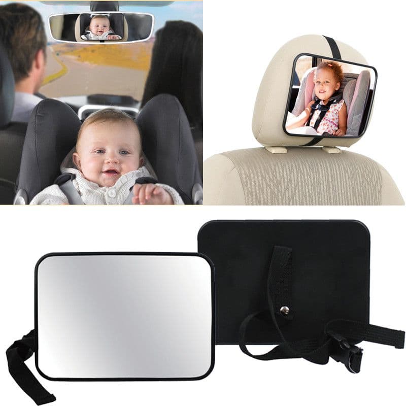 A black rectangular baby car mirror mounted on a headrest reflecting a toddler, alongside images showing the mirror front and rear strap attachment.